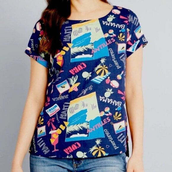Modcloth Delightful Demeanor Short Sleeve Blouse Linen Navy Blue XS - Picture 1 of 13